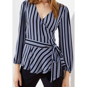 Ann Taylor LOFT Blue Striped Wrap Top Long Sleeve Peplum Hem Side Tie Size Small